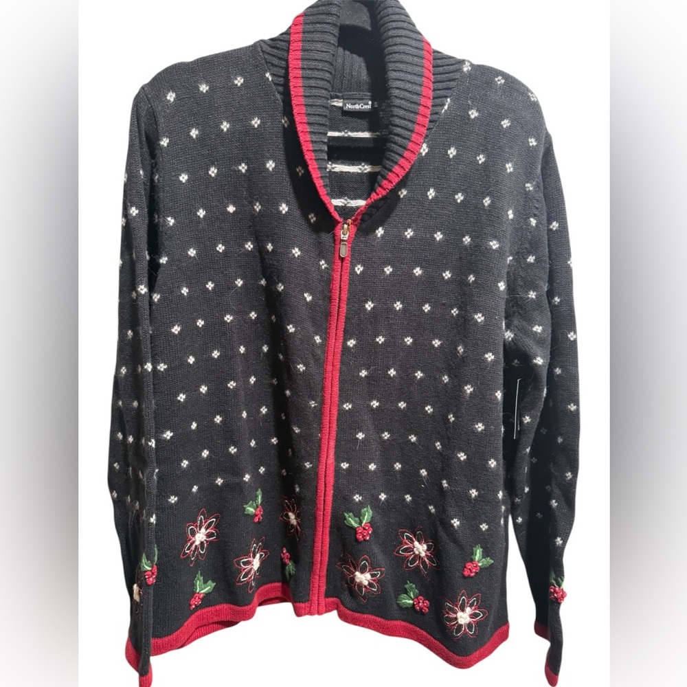Vtg North Crest Christmas Zip Sweater XL Cardigan Holiday‎ Grandmacore Black